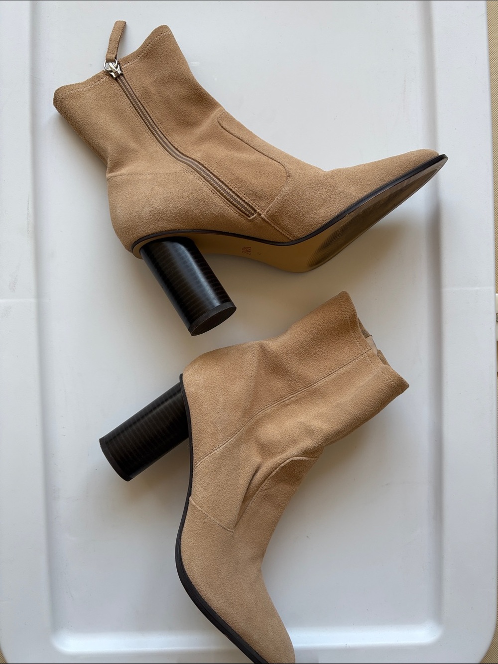 Zara Suede Pointed-Toe Ankle Mid Calf Heeled Boots in Beige Tan Brown 40 or 9.5